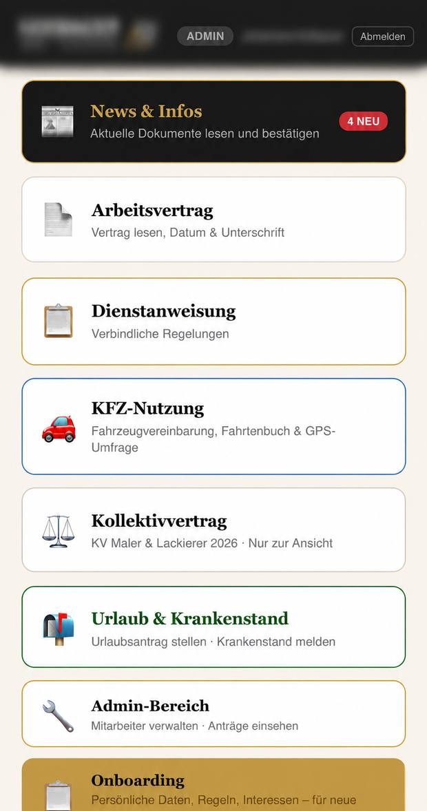 Mitarbeiterportal – Startseite mit Dokumenten und Onboarding