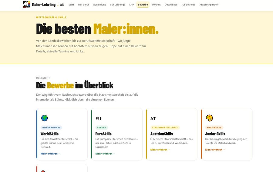 Website-Referenz: Maler-Lehrling.at – Bewerbe und Skills