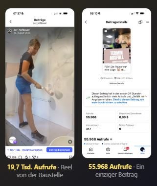 Social-Media-Reichweite: 19,7 Tsd. Aufrufe mit einem Baustellen-Reel, 55.968 Aufrufe mit einem Beitrag
